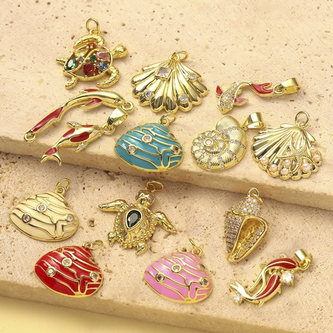 DIY Ocean Series Copper Zirconia Pendants Lucky Koi Fish Snail Shell Turtle Enamel Charms For Necklace Jewelry Making Women
