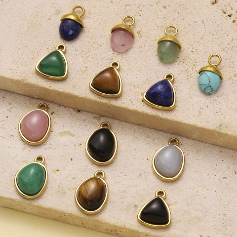 Vintage Stainless Steel Natural Stone Pendants Acorn Triangle Waterdrop Charms For DIY Necklace Jewelry Making Accessories For Women