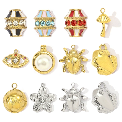 Vintage Stainless Steel Pendant For DIY Jewelry Making Mushroom Soccer Frog Evil Eye Enamel Rhinestone Artificial Pearl Charms