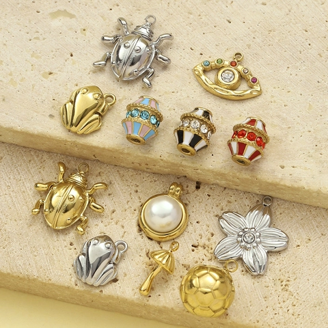 Vintage Stainless Steel Pendant For DIY Jewelry Making Mushroom Soccer Frog Evil Eye Enamel Rhinestone Artificial Pearl Charms