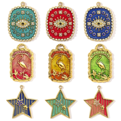 Stainless Steel Enamel Evil Eye Flamingo Star Pendants For DIY Jewelry Making Rhinestone Inlaid French Vintage Drip Oil Charms
