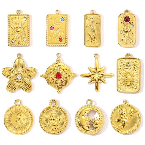 Pendentifs Cartes de Tarot Vintage en Acier Inoxydable Plaqués Or Breloques Mystiques Célestes Avec Strass Soleil Lune Ange Fleur Accessoires Bijoux DIY