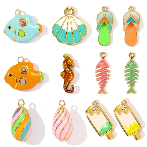 Stainless Steel Enamel Pendants For DIY Jewelry Making Seahorse Fishbone Ice Cream Slipper Enamel Charms For Necklace Accessories
