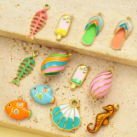 Stainless Steel Enamel Pendants For DIY Jewelry Making Seahorse Fishbone Ice Cream Slipper Enamel Charms For Necklace Accessories