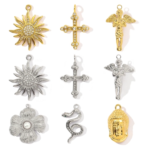 Vintage Stainless Steel Rhinestone Cross Angel Sun Snake Flower Buddha Pendants For DIY Jewelry Making Women Necklace Charms