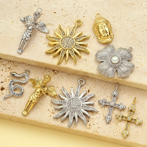 Vintage Stainless Steel Rhinestone Cross Angel Sun Snake Flower Buddha Pendants For DIY Jewelry Making Women Necklace Charms