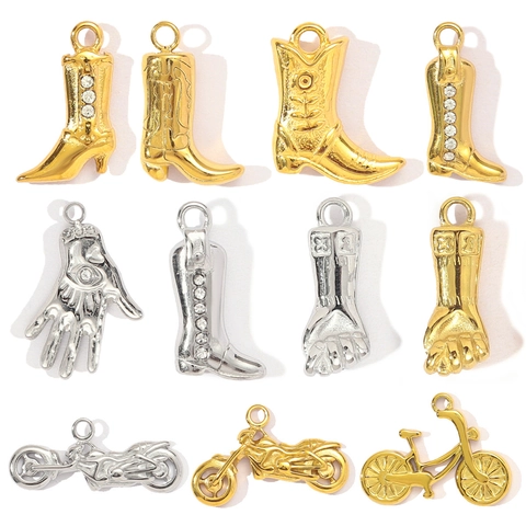 Stainless Steel Pendants Charms For Jewelry Making DIY Vintage Western Boot Fist Motorcycle Hamsa Hand Rhinestone Necklace
