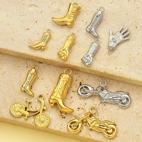 Stainless Steel Pendants Charms For Jewelry Making DIY Vintage Western Boot Fist Motorcycle Hamsa Hand Rhinestone Necklace