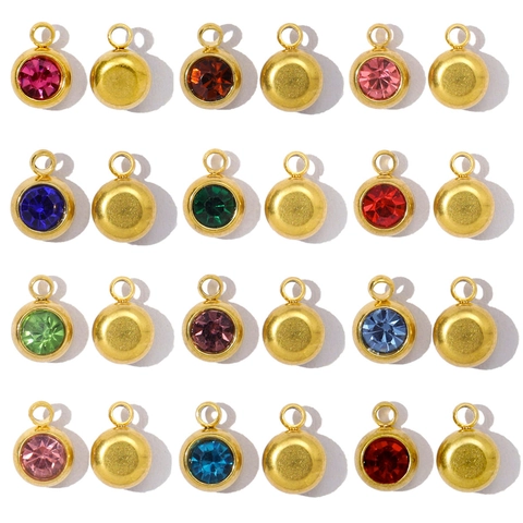 Stainless Steel Birthstone Pendant Round Zirconia Charm For DIY Necklace Earring Making Gold Plated Jewelry Component