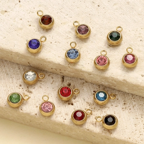 Stainless Steel Birthstone Pendant Round Zirconia Charm For DIY Necklace Earring Making Gold Plated Jewelry Component