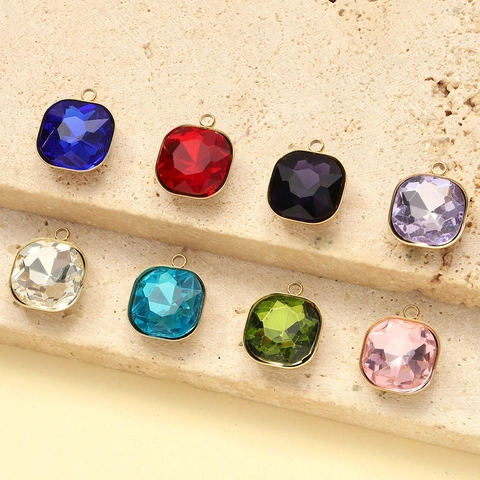 French Retro Stainless Steel Crystal Glass Cube Pendant For Women DIY Jewelry Making Gold Bezel Square Faceted Stone Charm