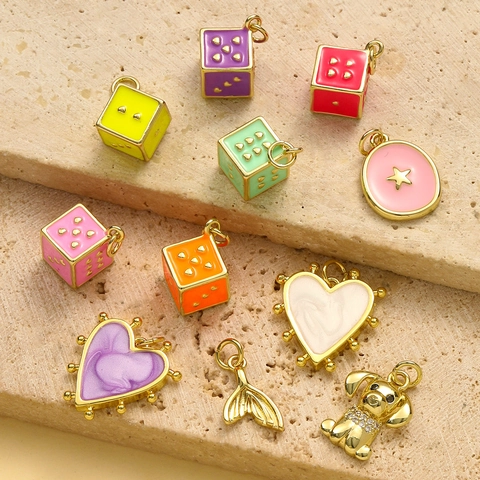 French Vintage Enamel Heart Dice Star Puppy Fish Tail Copper Pendant Charms DIY Necklace Jewelry Accessories For Women