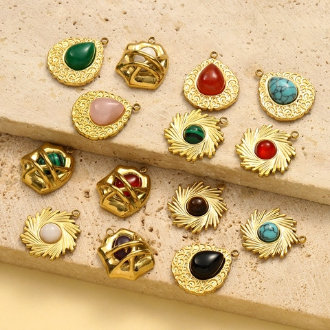 French Vintage Natural Stone Stainless Steel Pendant For DIY Jewelry Making Malachite Agate Teardrop Sunburst Charms