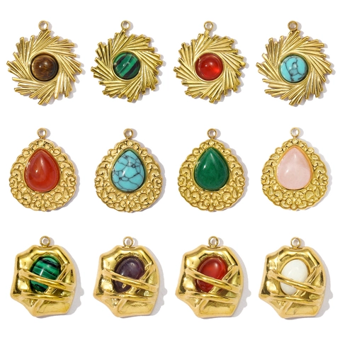 French Vintage Natural Stone Stainless Steel Pendant For DIY Jewelry Making Malachite Agate Teardrop Sunburst Charms