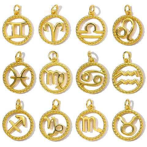 Vintage Copper Zodiac Sign Round Beaded Hollow Pendant DIY Jewelry Making Accessories For Necklace Bracelet Earrings