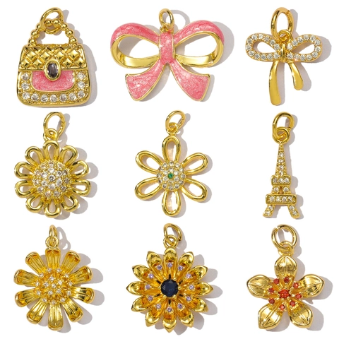 French Retro Copper Zircon Bowknot Flower Eiffel Tower Pendants For Jewelry Making Pink Enamel Handbag Charms Women Necklaces Findings