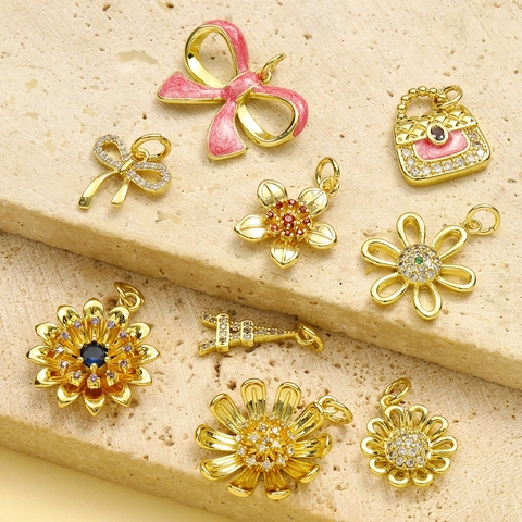 French Retro Copper Zircon Bowknot Flower Eiffel Tower Pendants For Jewelry Making Pink Enamel Handbag Charms Women Necklaces Findings