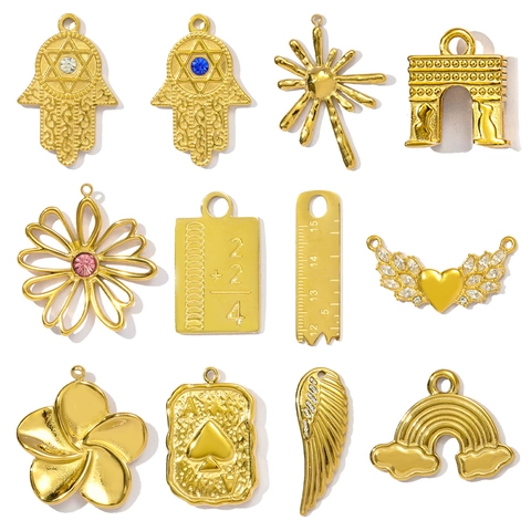 Stainless Steel Rhinestone Gold Pendants For DIY Jewelry Making Vintage Triumphal Arch Flower Heart Wings Hamsa Ruler Charms