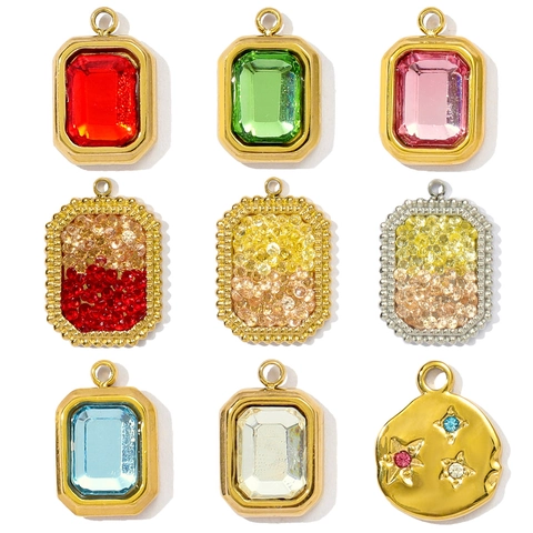 Vintage Stainless Steel Glass Stone Geometric Pendants Round Star Charms For DIY Necklace Bracelet Jewelry Making Women