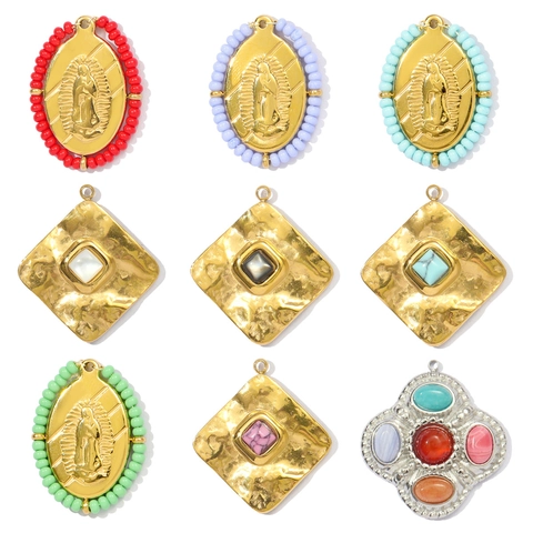 Pendentif en Acier Inoxydable Religieux Vierge Marie Coquille pour Fabrication de Bijoux DIY Vintage Français Carré Croix Pierre Naturelle