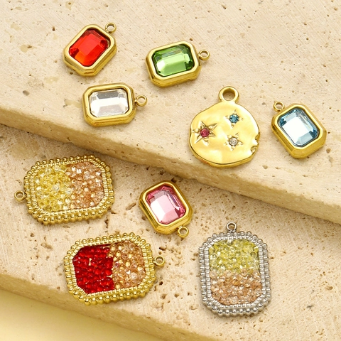 Vintage Stainless Steel Glass Stone Geometric Pendants Round Star Charms For DIY Necklace Bracelet Jewelry Making Women