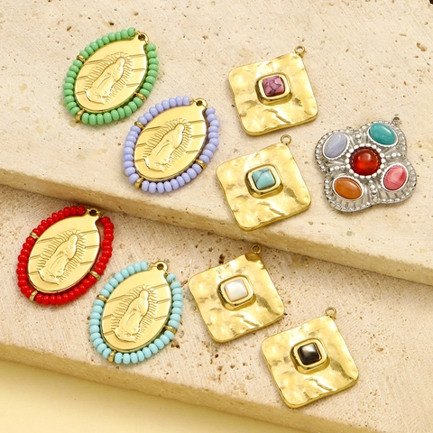Pendentif en Acier Inoxydable Religieux Vierge Marie Coquille pour Fabrication de Bijoux DIY Vintage Français Carré Croix Pierre Naturelle