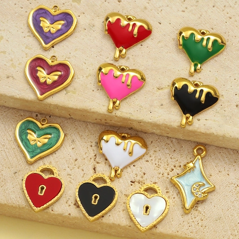 Französischer Vintage Edelstahl Herz Anhänger Schleife Schmetterling Stern Mond Emaille DIY Schmuck Charms Für Halsketten Damen