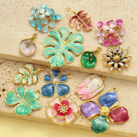 French Vintage Titanium Steel Enamel Flower Leaf Pendant Gradient Tulip Hydrangea Pendant DIY Jewelry Finding For Women Necklace Bracelet