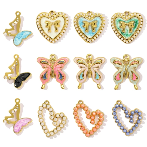 Stainless Steel Heart Butterfly Bow Pendant DIY Jewelry Accessories Enamel Charm Artificial Pearl Rhinestone Inlaid Pendant For Women