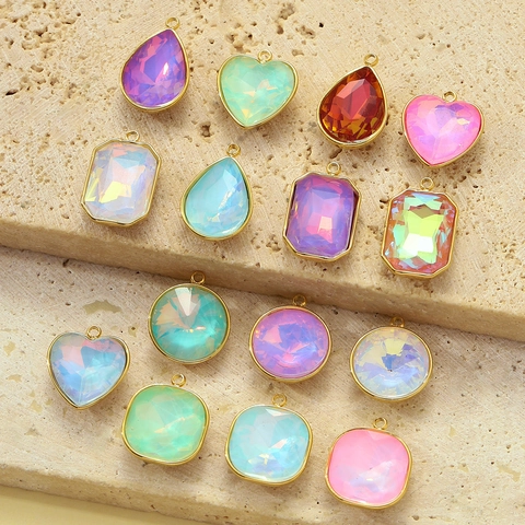 Geometric Heart Round Square Stainless Steel Pendant Glass Stone Colorful Charm For DIY Necklace Jewelry Accessories