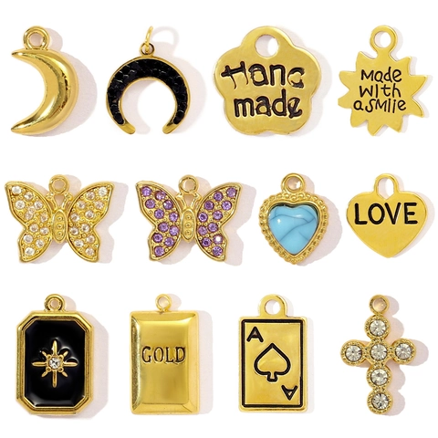 Breloques Vintage en Acier Inoxydable DIY Papillon Lune Cœur Croix Poker Pendentifs Lingot d'Or pour Création de Bijoux Accessoires Strass Émail