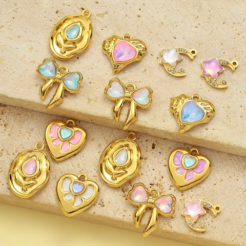 Stainless Steel Heart Bow Star Moon Pendant Rhinestone Enamel DIY Jewelry Charms Gold Plated Necklace Accessories For Women