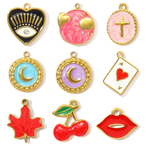 French Vintage Enamel Stainless Steel Heart Evil Eye Pendant Necklace For Women Cherry Moon Lips Maple Leaf Jewelry Making Findings DIY Charm
