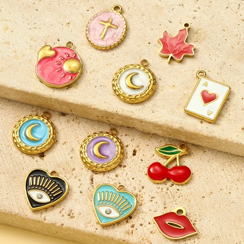 French Vintage Enamel Stainless Steel Heart Evil Eye Pendant Necklace For Women Cherry Moon Lips Maple Leaf Jewelry Making Findings DIY Charm
