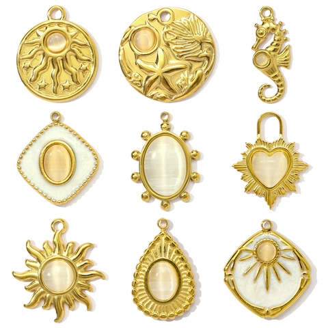 Vintage Stainless Steel Cat Eye Stone Pendant Charms For DIY Jewelry Making Gold Plated Sun Heart Starfish Jewelry Findings