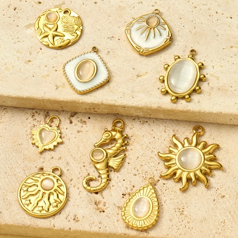 Vintage Stainless Steel Cat Eye Stone Pendant Charms For DIY Jewelry Making Gold Plated Sun Heart Starfish Jewelry Findings
