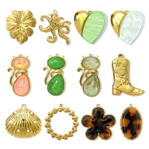 Vintage Stainless Steel DIY Pendant For Women Cat Heart Flower Leaf Octopus Shell Boot Resin Artificial Pearl Charms Accessory