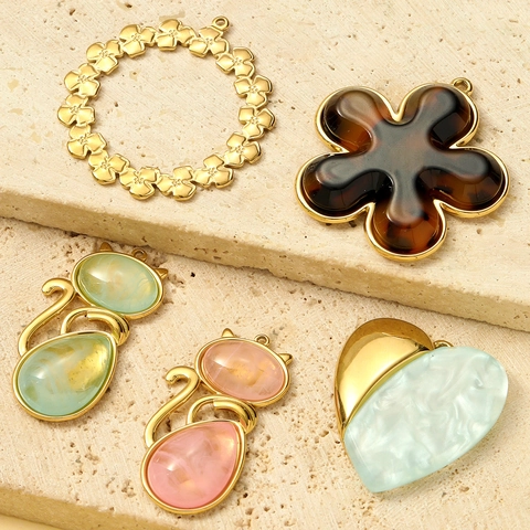 Vintage Stainless Steel DIY Pendant For Women Cat Heart Flower Leaf Octopus Shell Boot Resin Artificial Pearl Charms Accessory