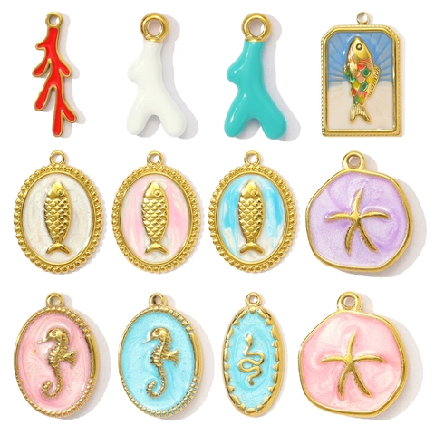Edelstahl Emaille Ozean Thema Charms Für Schmuckherstellung Seestern Seepferdchen Goldfisch Anhänger Für Damen Halsketten Zubehör