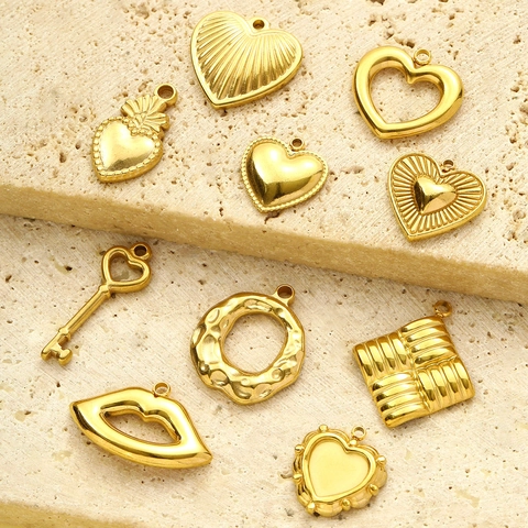 Stainless Steel Gold Heart Key Lip Pendants Geometric Charms For DIY Necklace Earrings Jewelry Making Supplies For Women