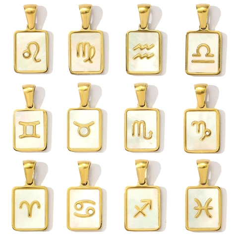 French Retro Stainless Steel Zodiac Pendant With Mother Of Artificial Pearl Inlay Rectangular Gold Plated Astrology Charm Women Jewelry Making