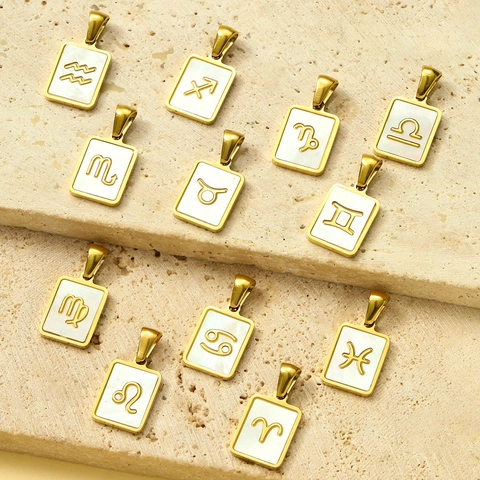 French Retro Stainless Steel Zodiac Pendant With Mother Of Artificial Pearl Inlay Rectangular Gold Plated Astrology Charm Women Jewelry Making