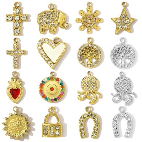 Stainless Steel DIY Jewelry Making Pendants Tree Of Life Horseshoe Octopus Cross Heart Elephant Star Helm Sunflower Charms