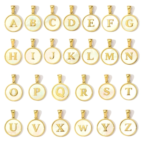 Stainless Steel Round Initial Letter Pendants With White Mother Of Pearl Shell Inlay Gold Plated Retro Personalized Alphabet Pendant Only