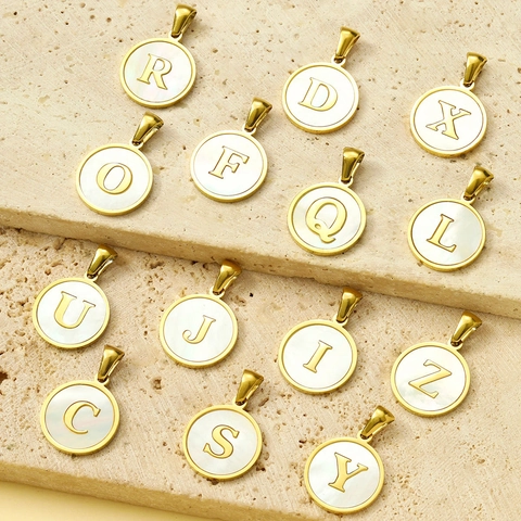 Stainless Steel Round Initial Letter Pendants With White Mother Of Pearl Shell Inlay Gold Plated Retro Personalized Alphabet Pendant Only