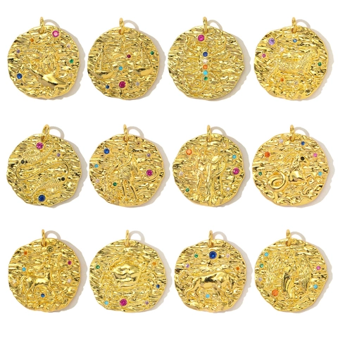 Zodiac Constellation Round Coin Pendant Only Without Chain Copper Zircon Hammered Relief Aries Leo Jewelry Making Pendant