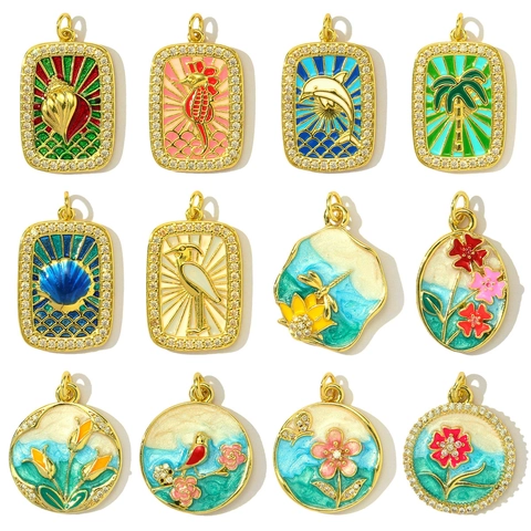Vintage Enamel Zirconia Pendant For DIY Necklace Making Gold Plated Copper Charm Without Chain Flower Marine Bird Women Jewelry Gift