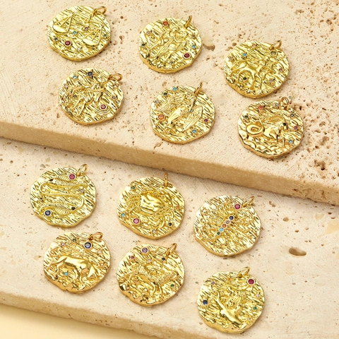 Zodiac Constellation Round Coin Pendant Only Without Chain Copper Zircon Hammered Relief Aries Leo Jewelry Making Pendant