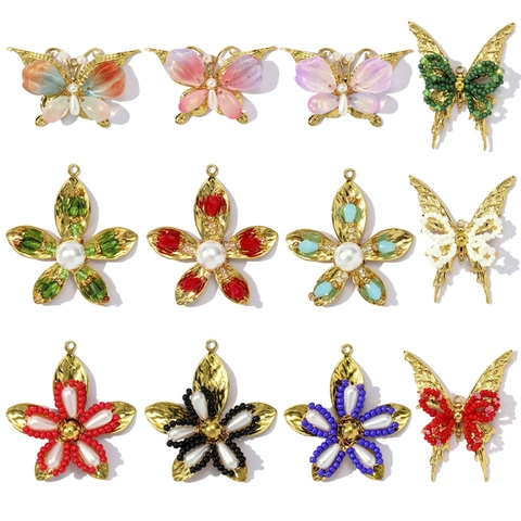 Vintage Stainless Steel Butterfly Flower Pendants DIY Jewelry Making Colorful Resin Glass Beads Artificial Pearl Charms For Necklace