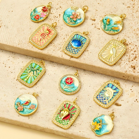 Vintage Enamel Zirconia Pendant For DIY Necklace Making Gold Plated Copper Charm Without Chain Flower Marine Bird Women Jewelry Gift